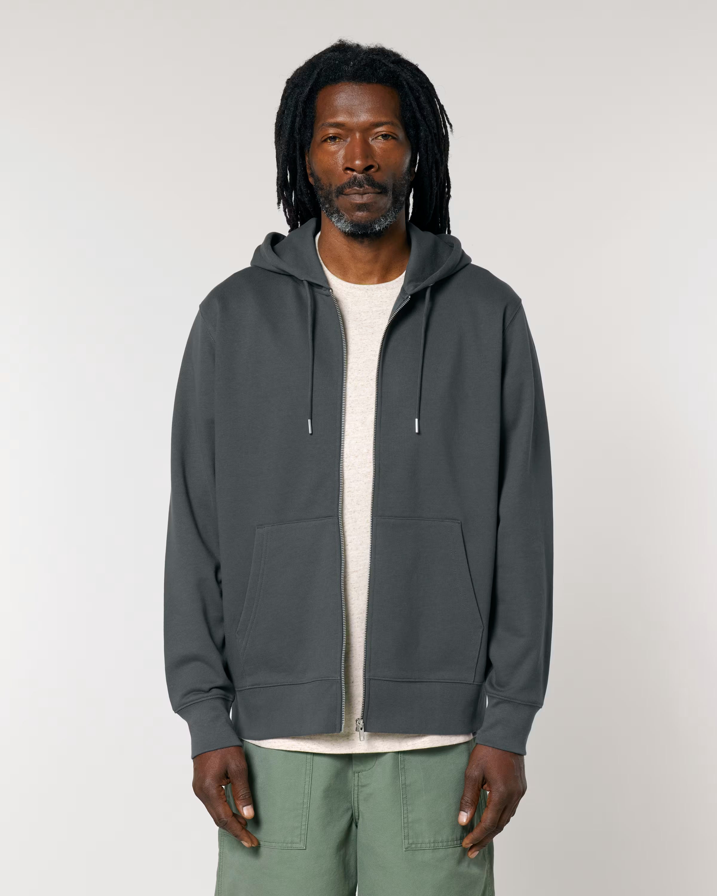 Front view of a grey unisex cotton hoodie isolated on white background