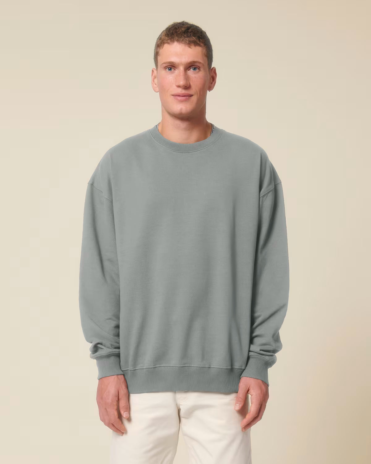 Front view of a male model wearing a grey cotton hoodie in studio