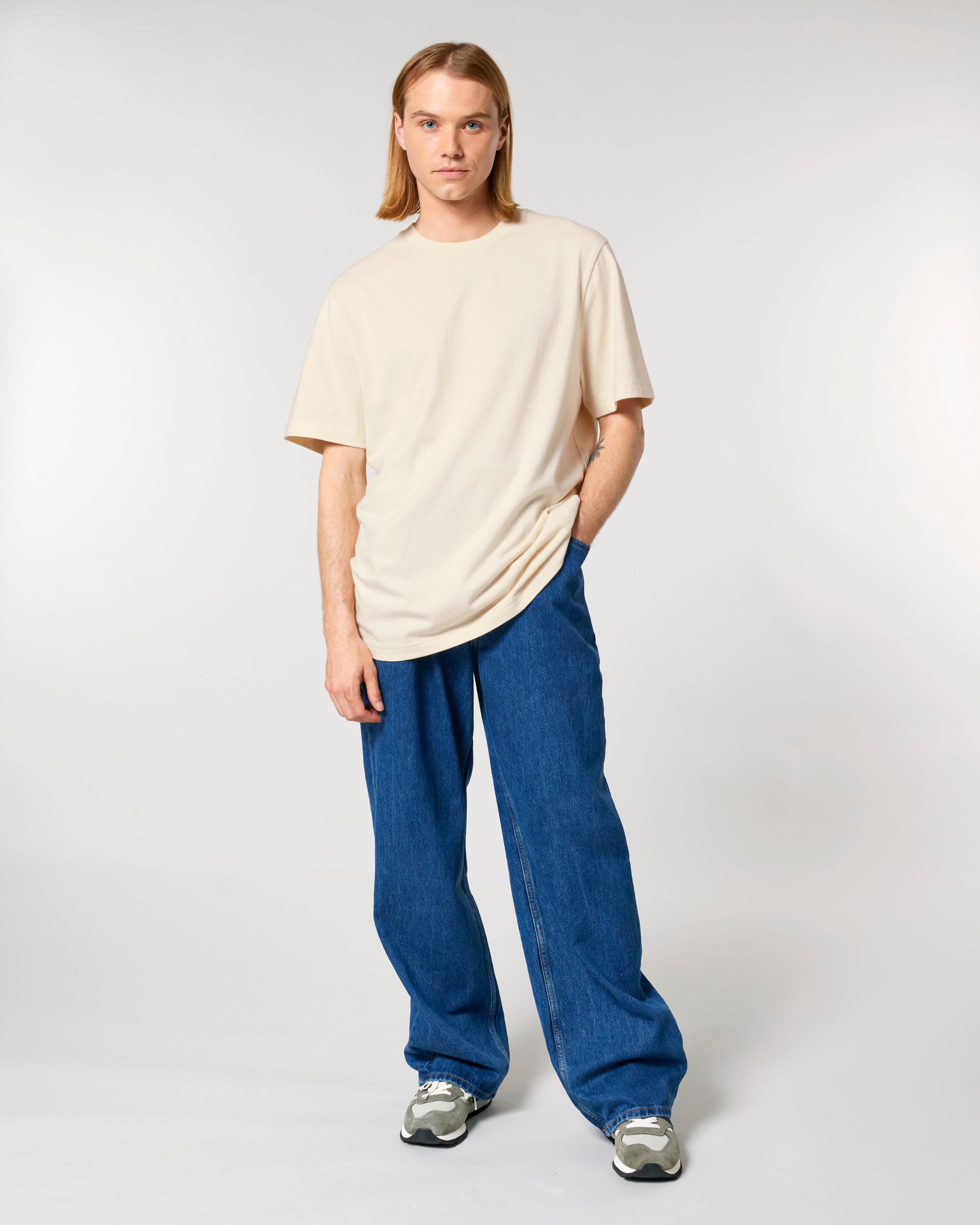 natural beige unisex cotton t-shirt on model, relaxed fit
