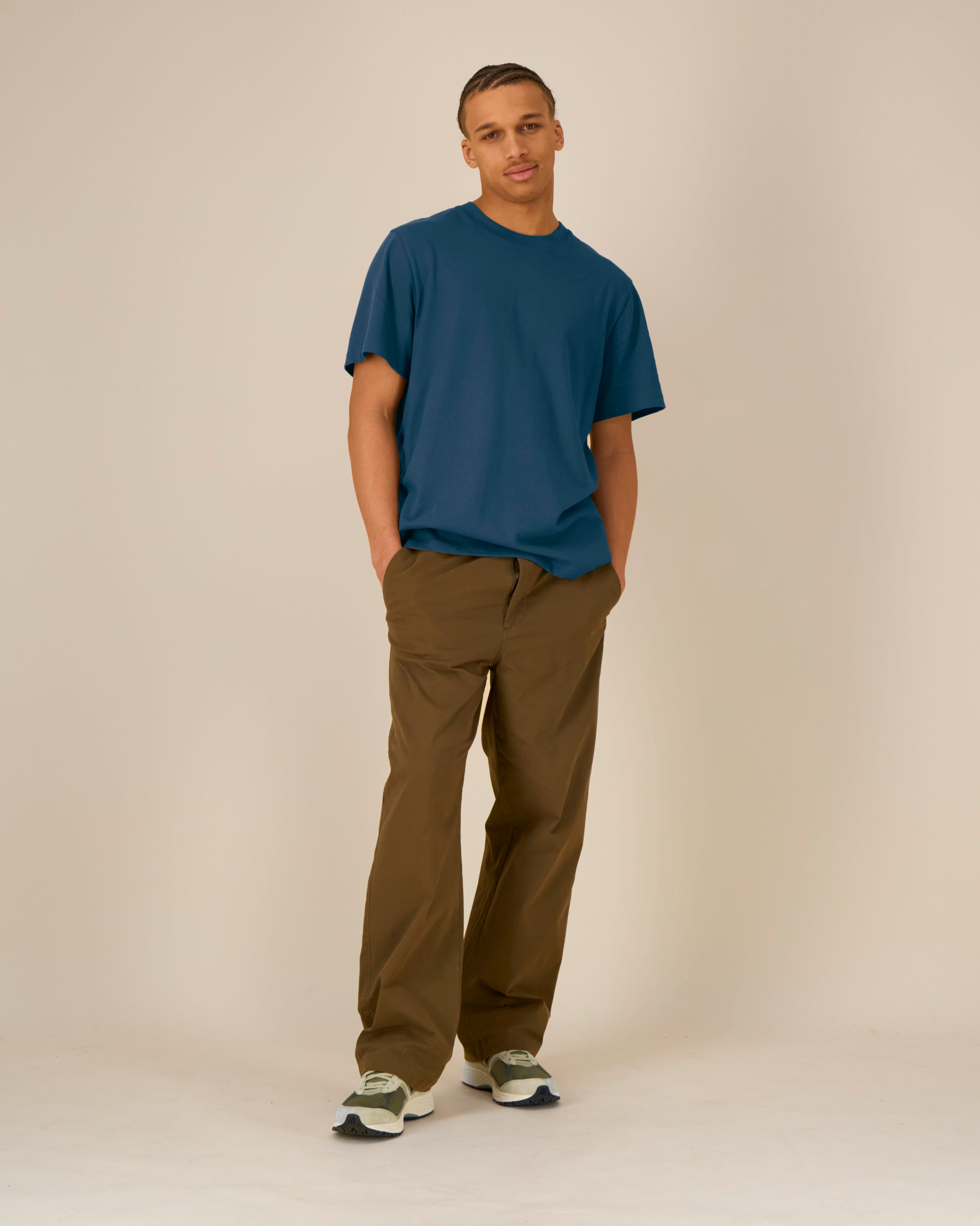 teal blue unisex cotton t-shirt on model, relaxed fit
