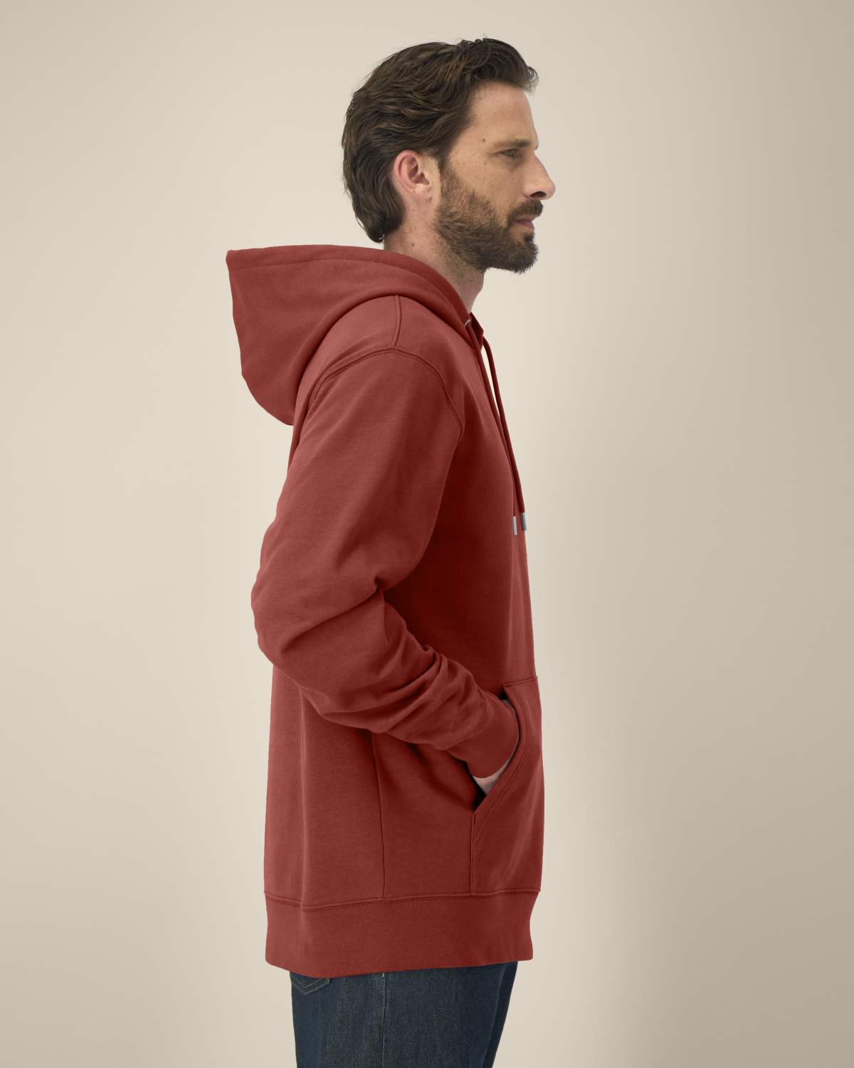 The Ashford Hoodie red hoodie side profile on male model