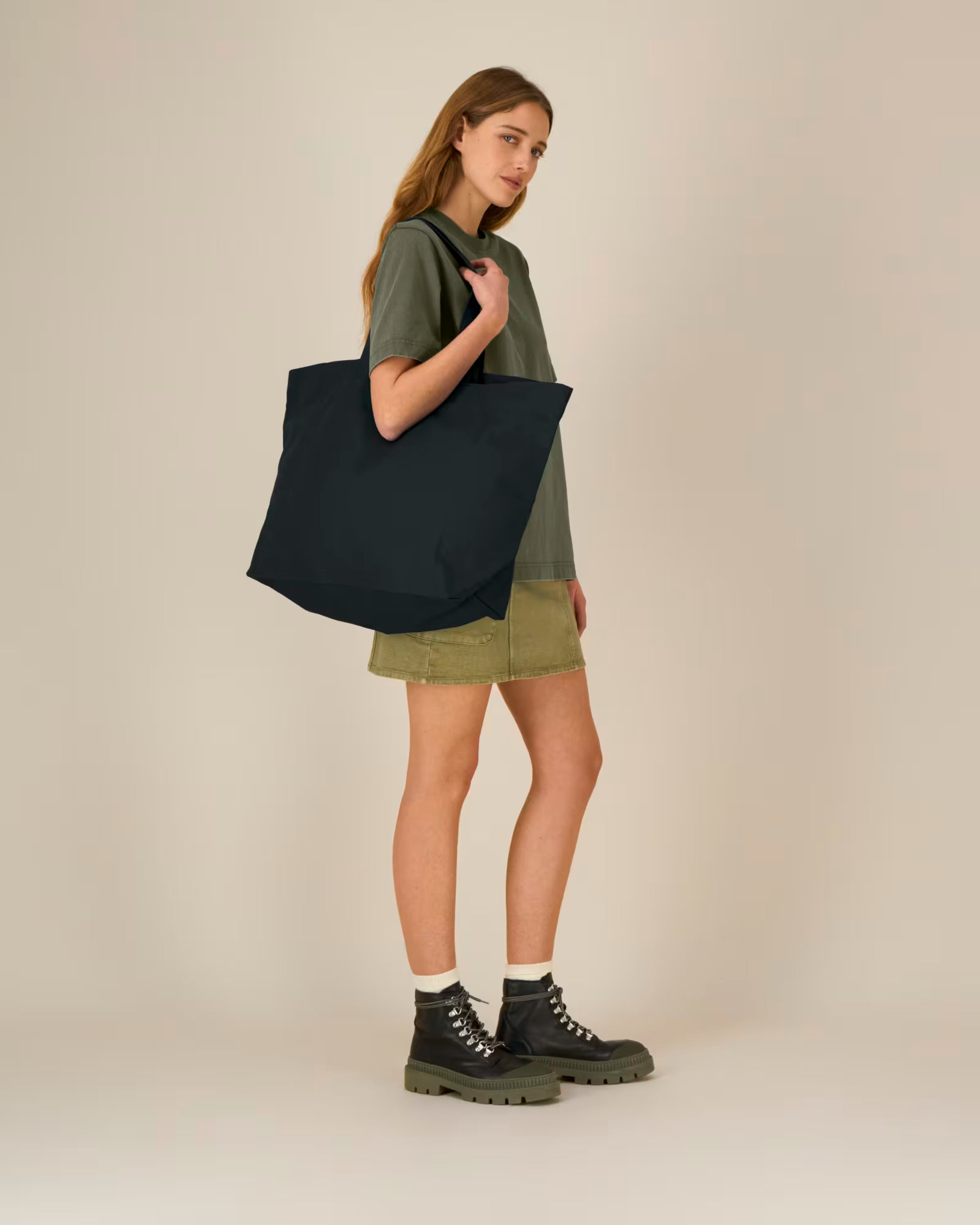 black structured canvas tote bag on model