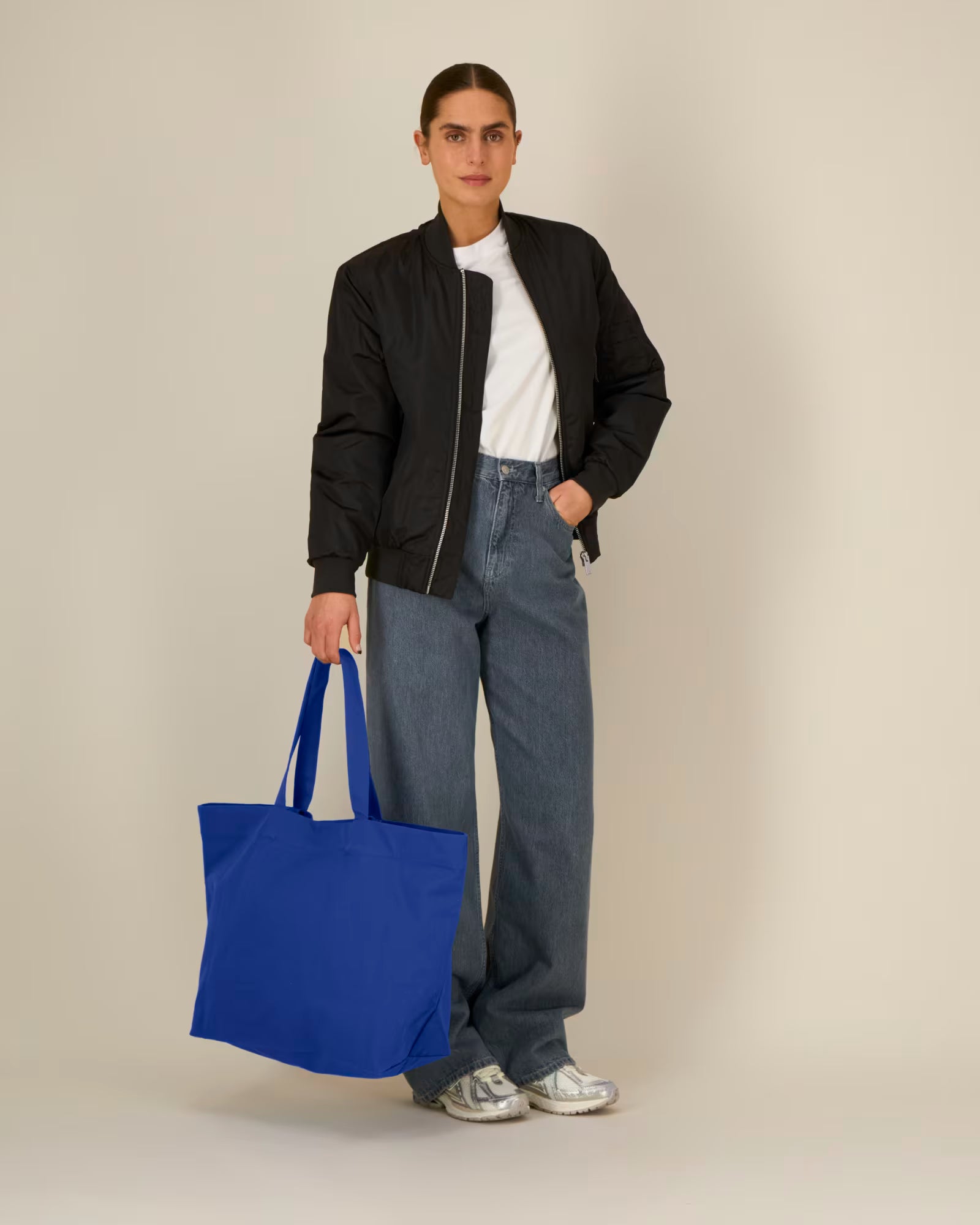 royal blue structured canvas tote bag on model