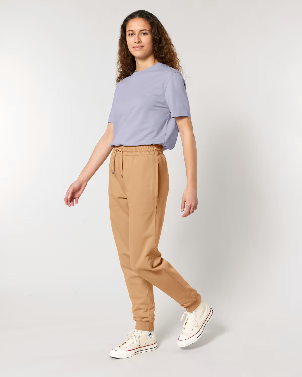 women’s camel jogger pants side view, organic cotton custom branded clothing