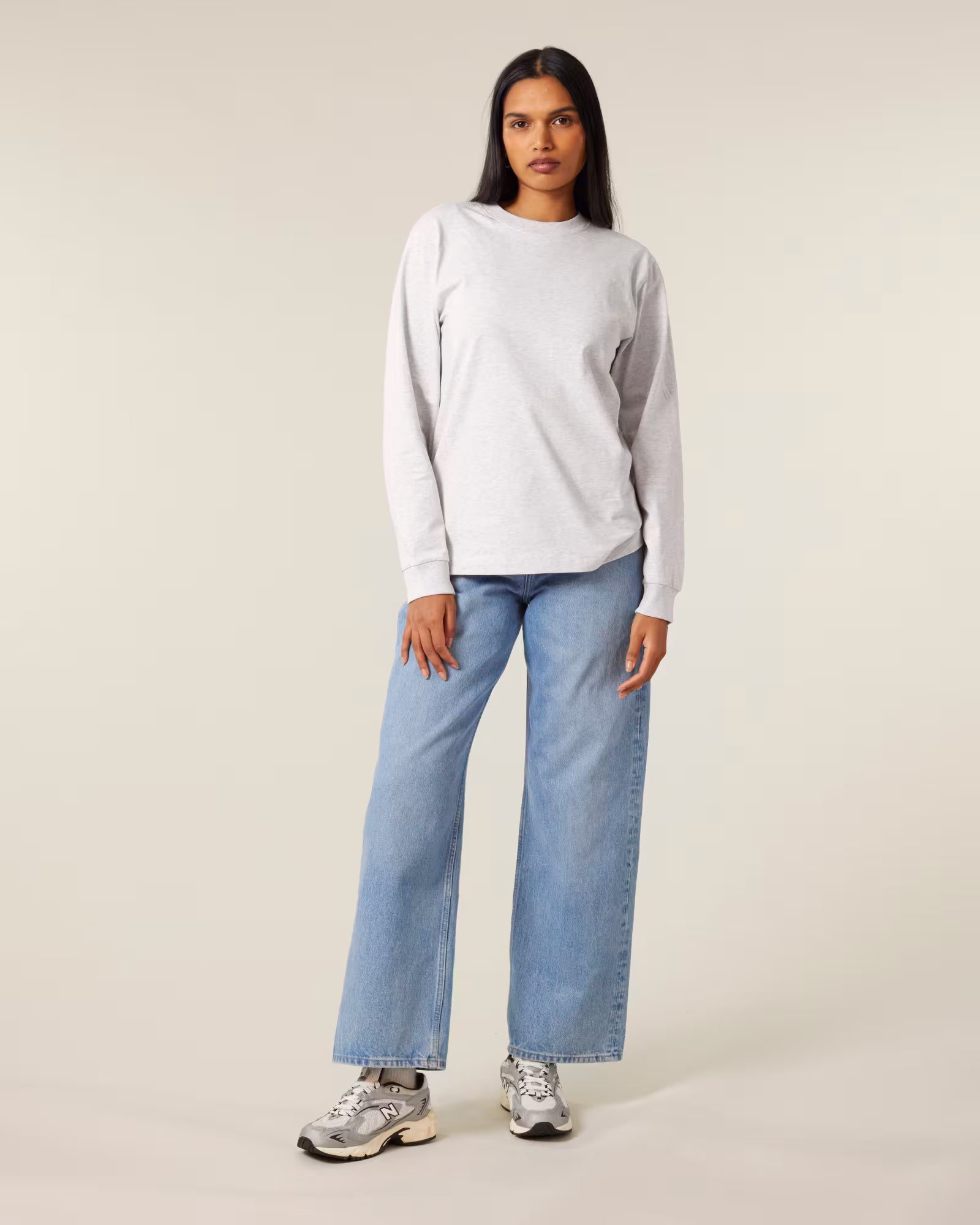 Front view of women a model wearing white cotton long sleeve t-shirts in studio