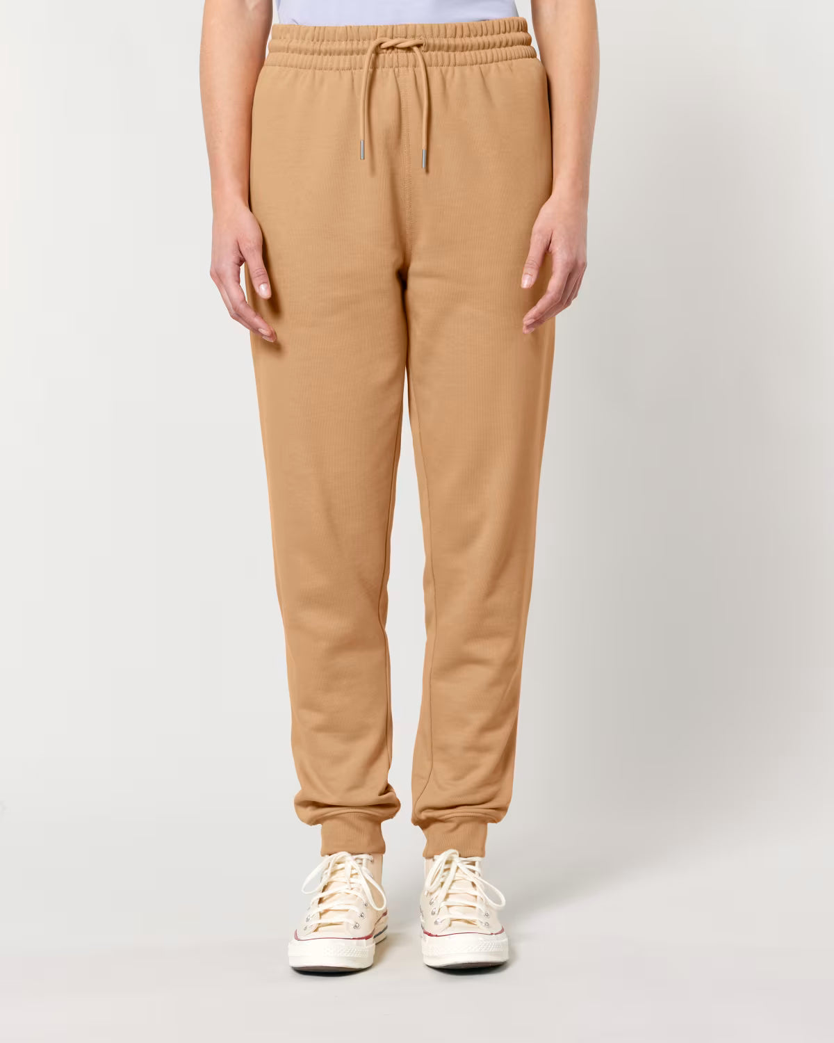 camel brown jogger pants front view on model, organic cotton branded merchandise