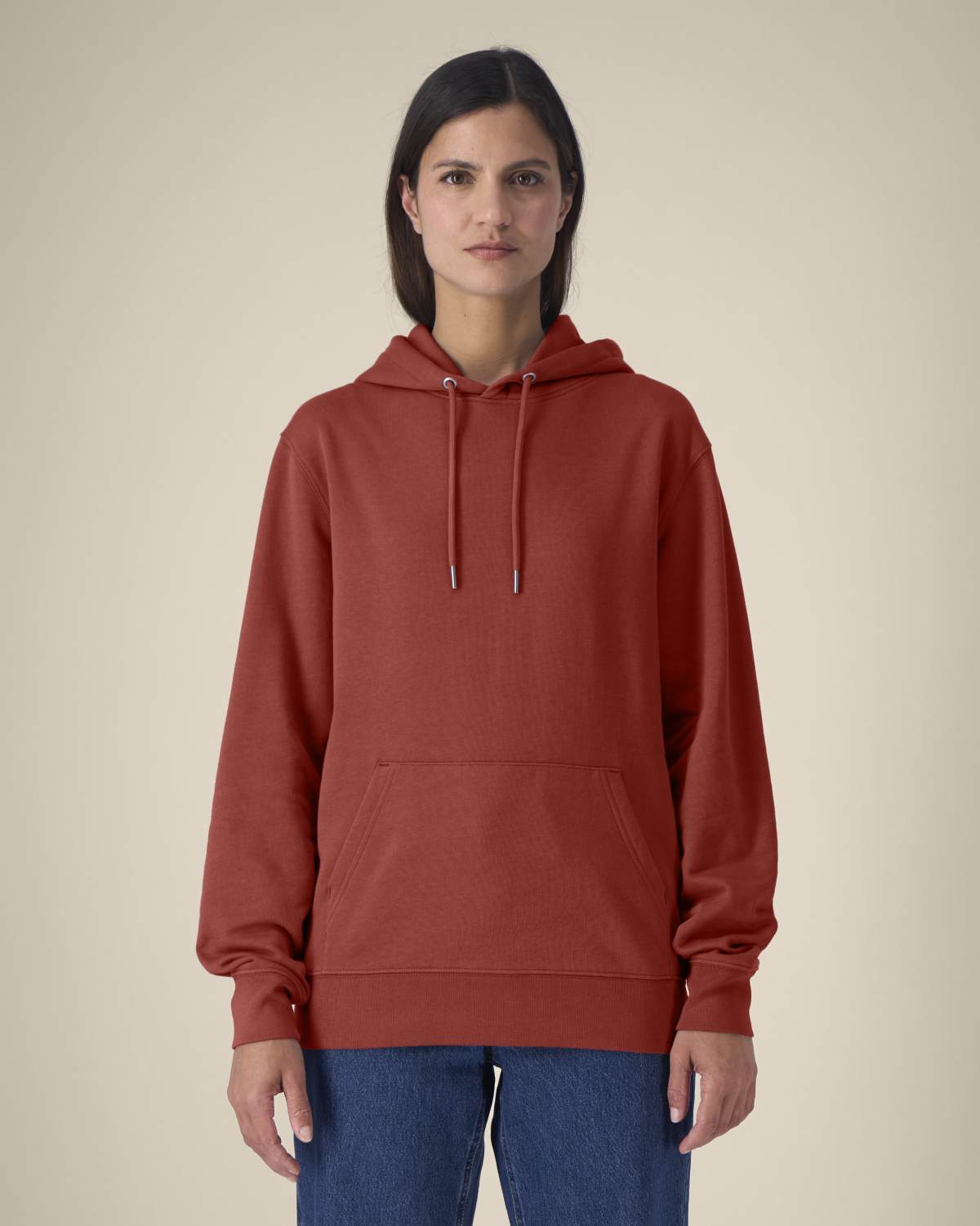 The Ashford Hoodie red hoodie front view on female model