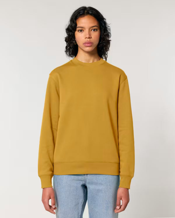 mustard yellow unisex crewneck sweatshirt on model, relaxed fit