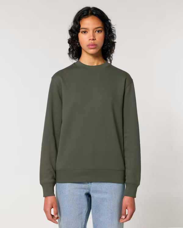 olive green unisex crewneck sweatshirt on model, relaxed fit