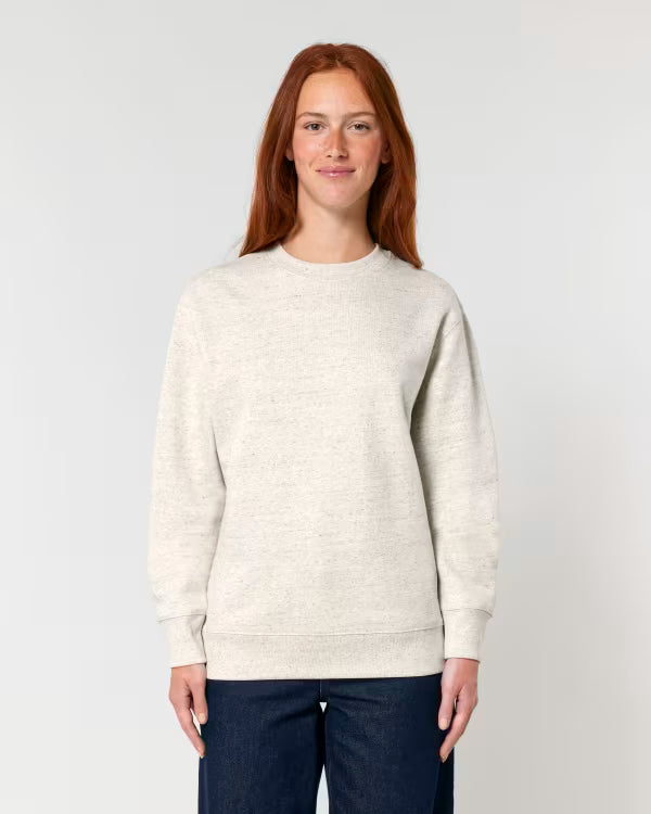 off white unisex crewneck sweatshirt on model, relaxed fit