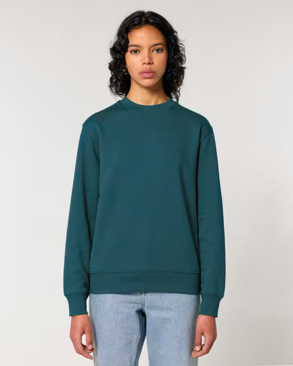 deep teal unisex crewneck sweatshirt on model, relaxed fit