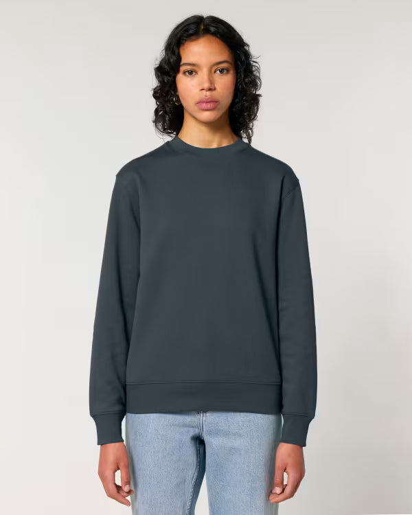 steel blue unisex crewneck sweatshirt on model, front view