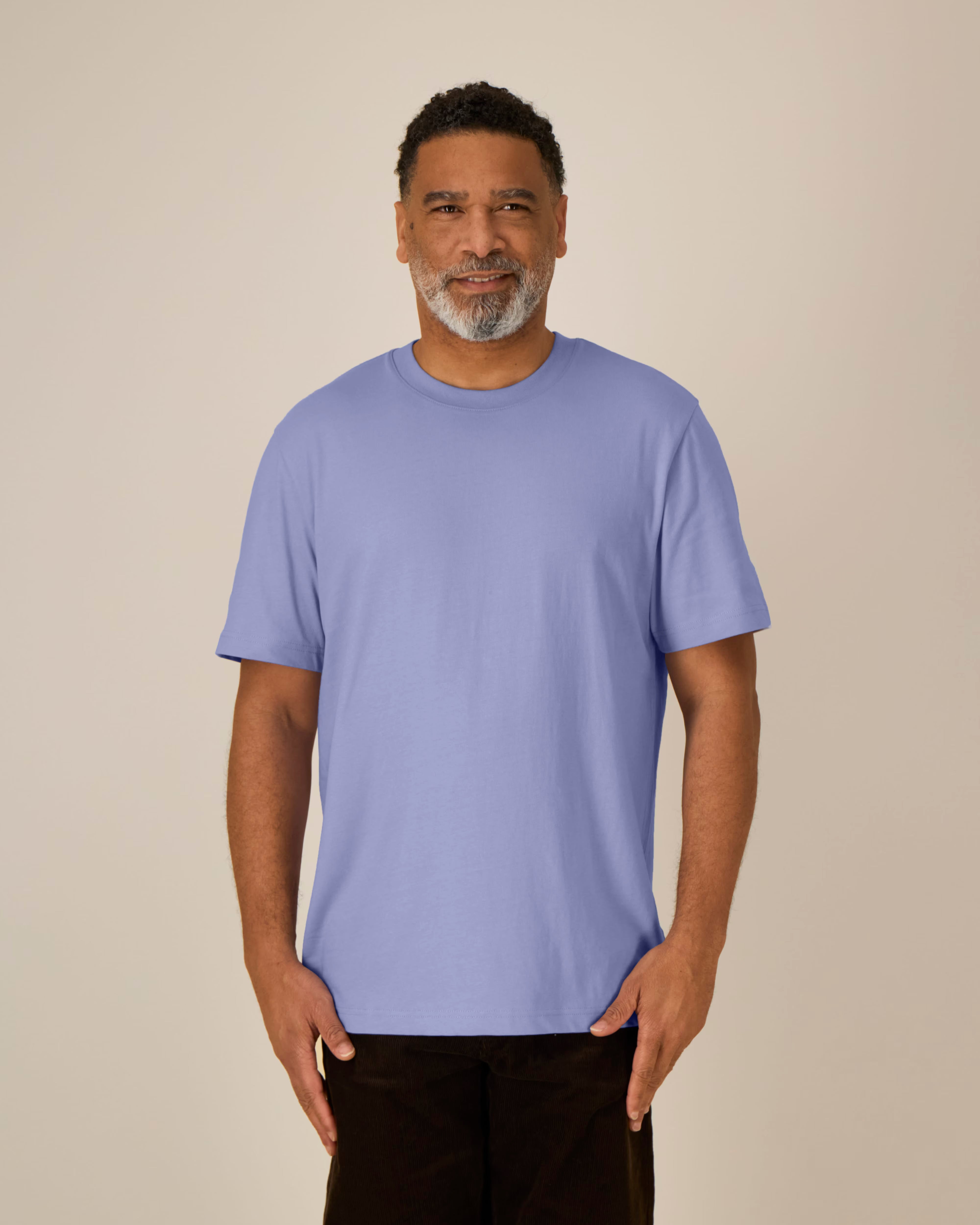 soft lavender unisex cotton t-shirt on model, relaxed fit organic essential