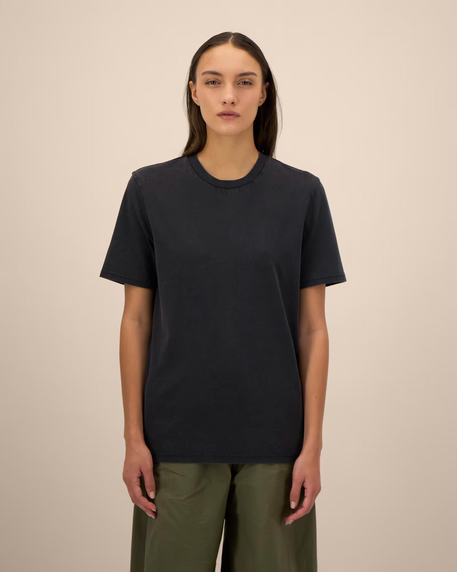 black unisex cotton t-shirt on model, relaxed fit