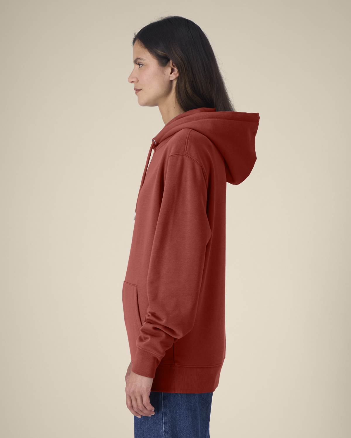 The Ashford Hoodie red hoodie side profile on female model