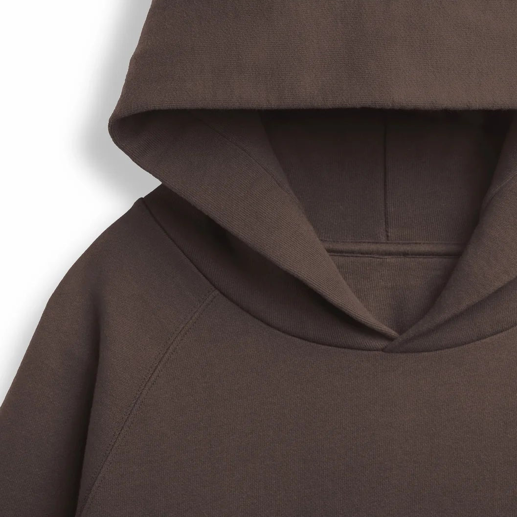 Brown hoodie detail heavyweight organic fabric