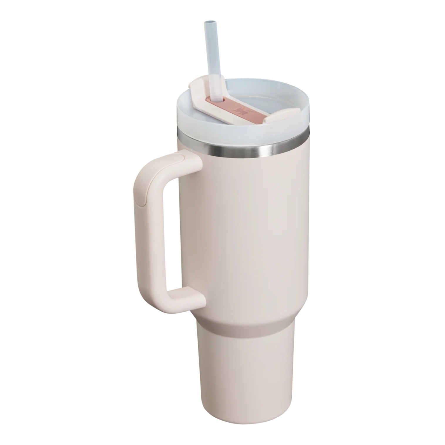 White insulated mug with handle and straw on a white background