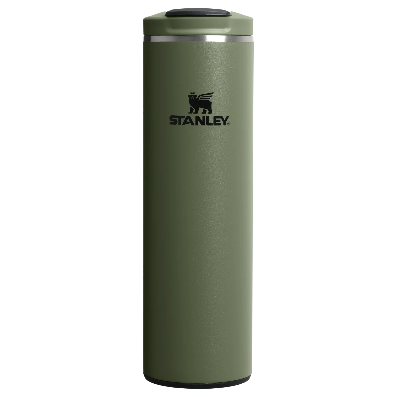 Green 16 oz insulated stainless steel travel mug with flip top lid