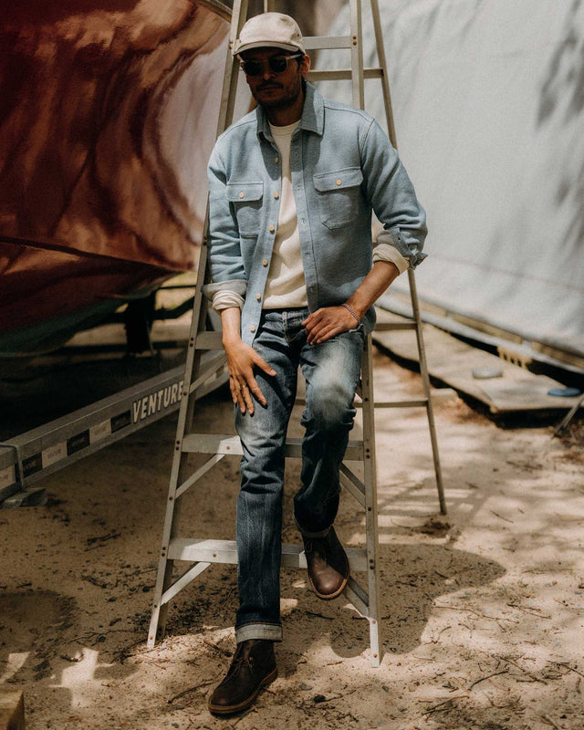 Men’s indigo blue overshirt full body view