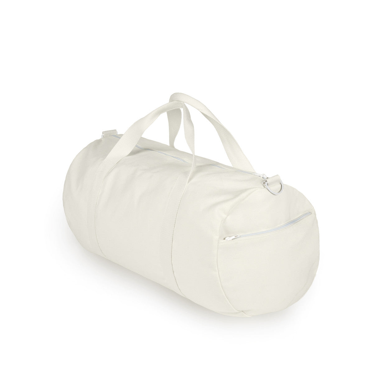 cream canvas duffel bag angled view, custom logo print option for sustainable promotional merchandise