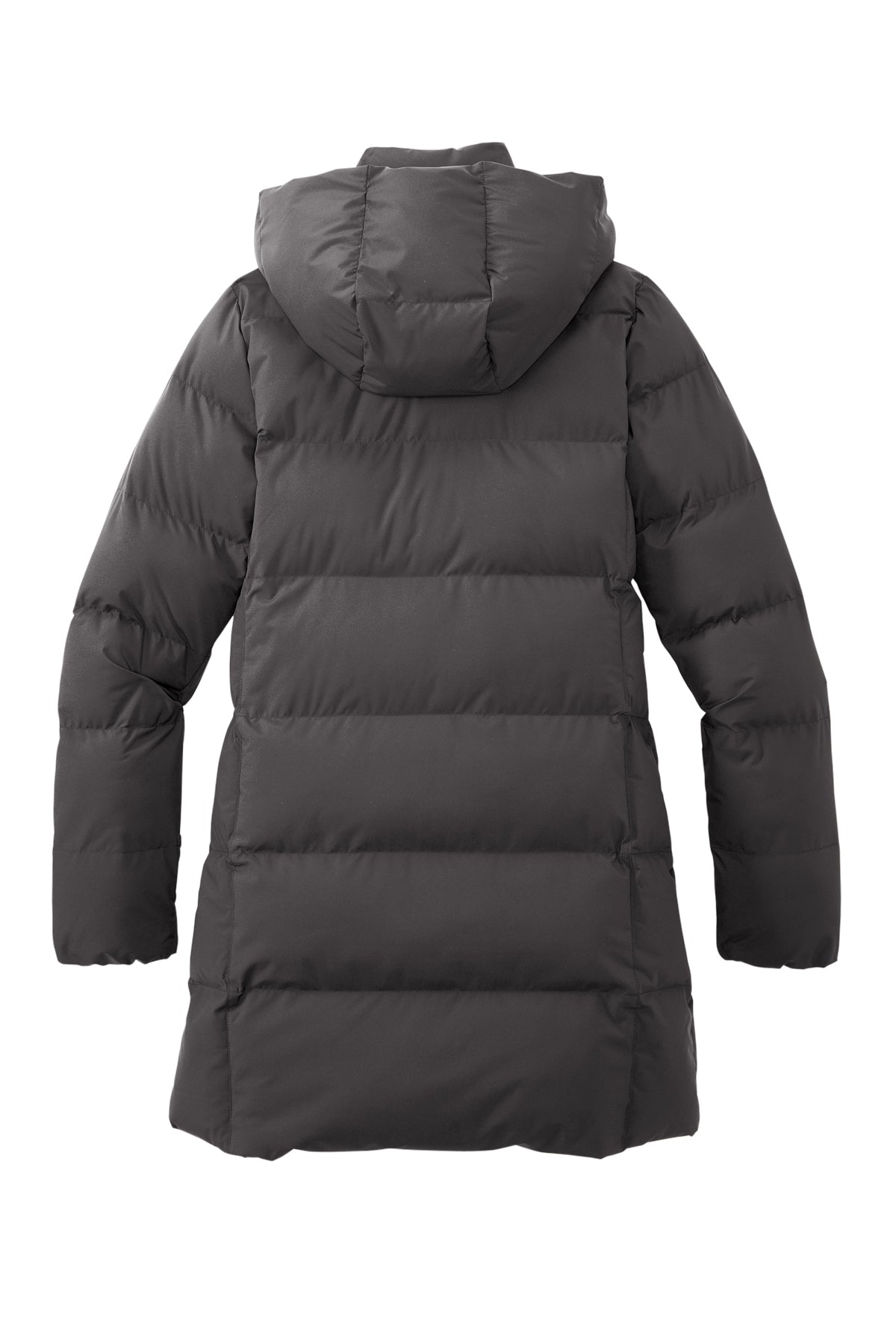 Black puffer jacket with a hood on a white background