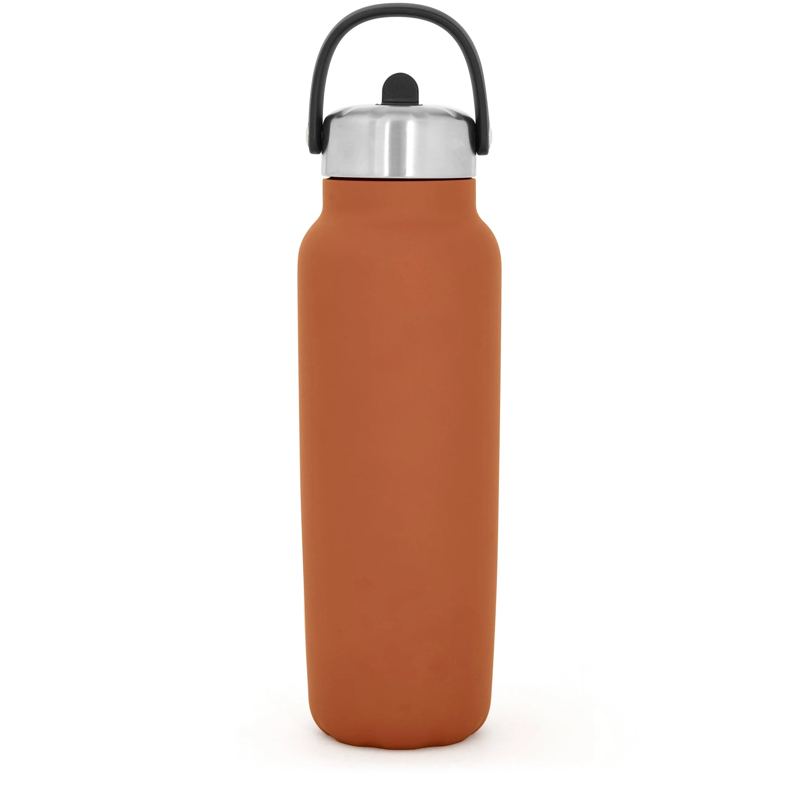 Brown water bottle with a black cap on a white background