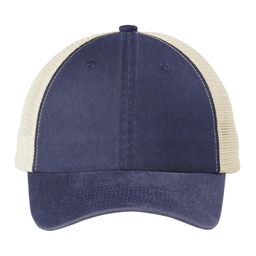 Navy and beige trucker cap with mesh back and adjustable closure
