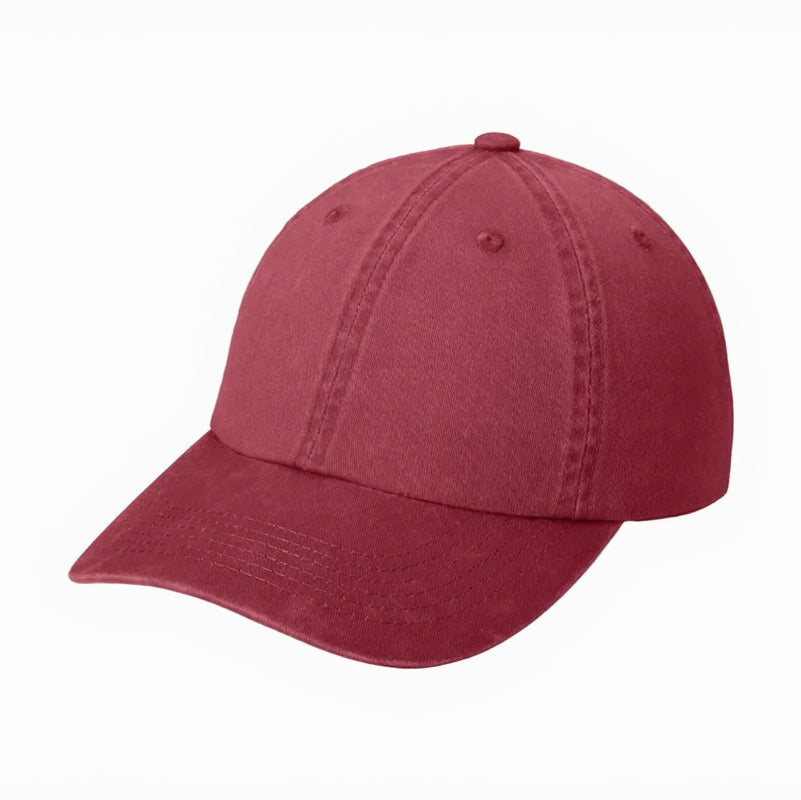 Red cotton dad cap side view with unstructured crown and curved visor