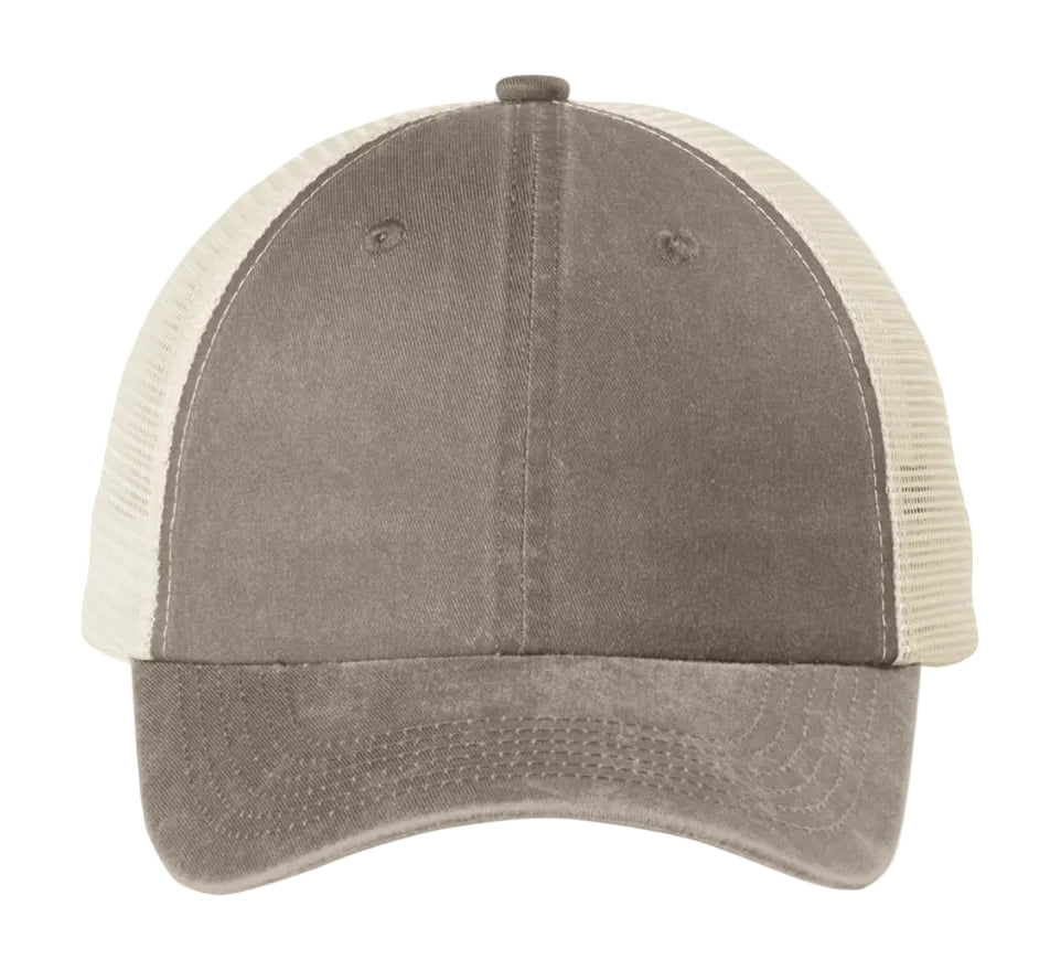 Brown and beige two-tone trucker hat with breathable mesh back
