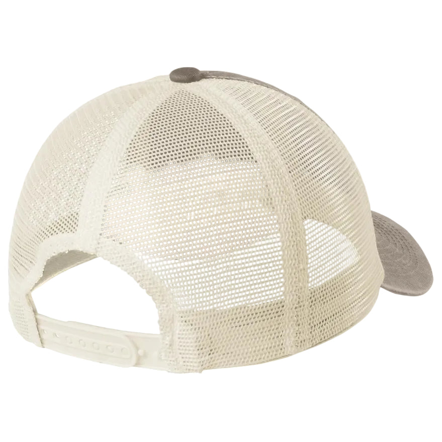 Beige trucker cap back view with mesh panels and adjustable strap
