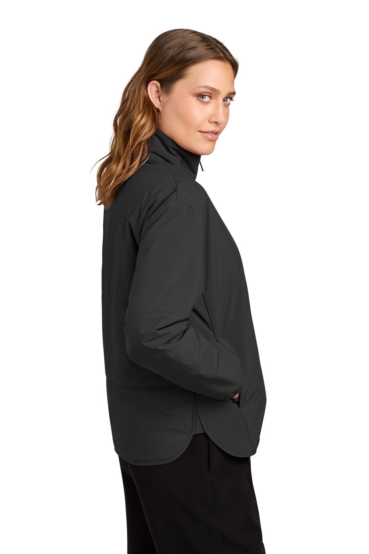 A woman shown from the side profile wearing a black athletic jacket with a high mock neck collar, photographed against a solid white background.