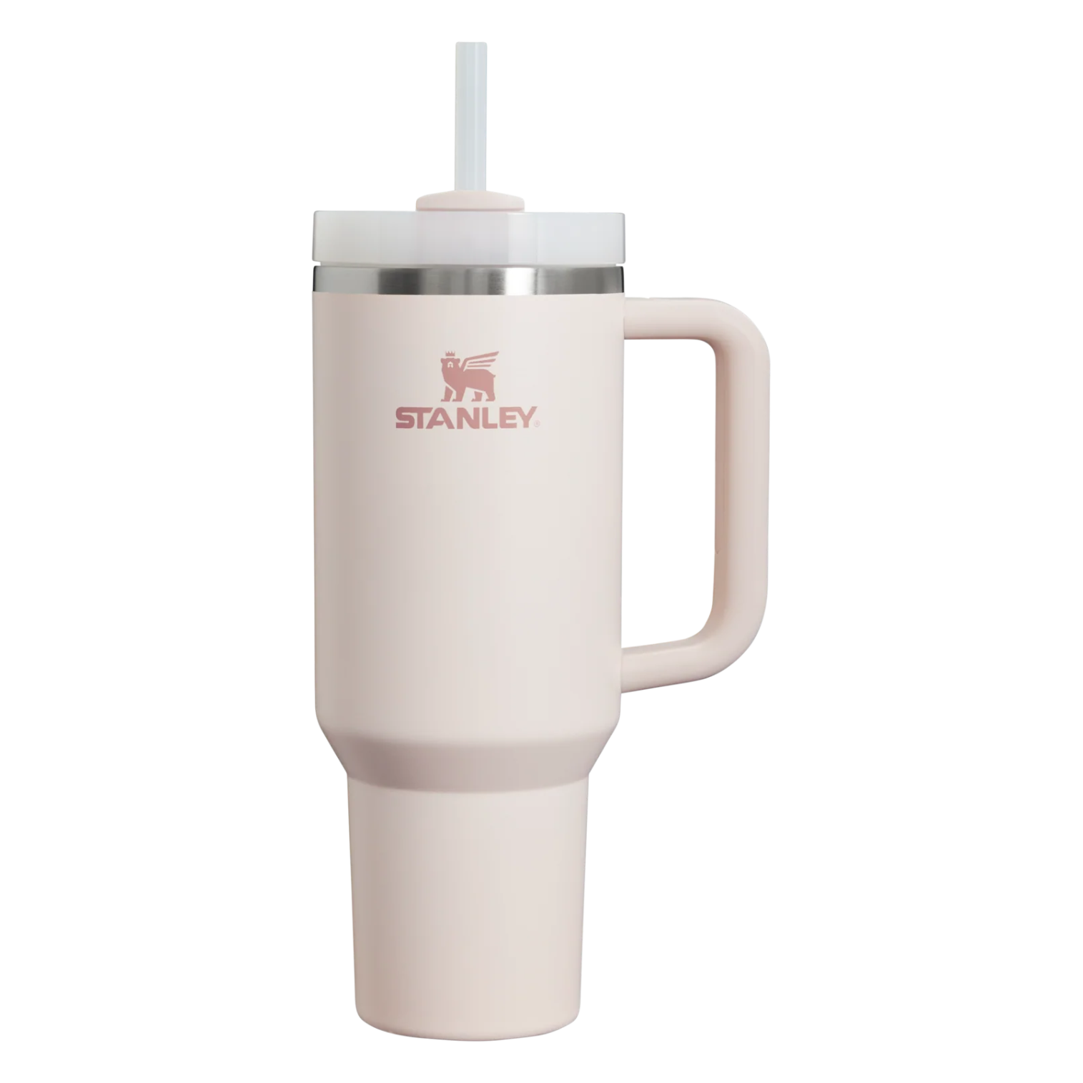 Stanley mug with handle and straw on a white background