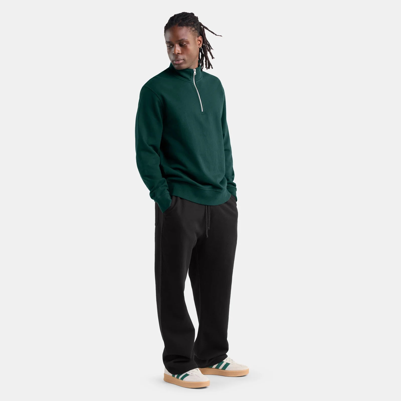 black jogger pants front view product photo, organic cotton custom branded apparel