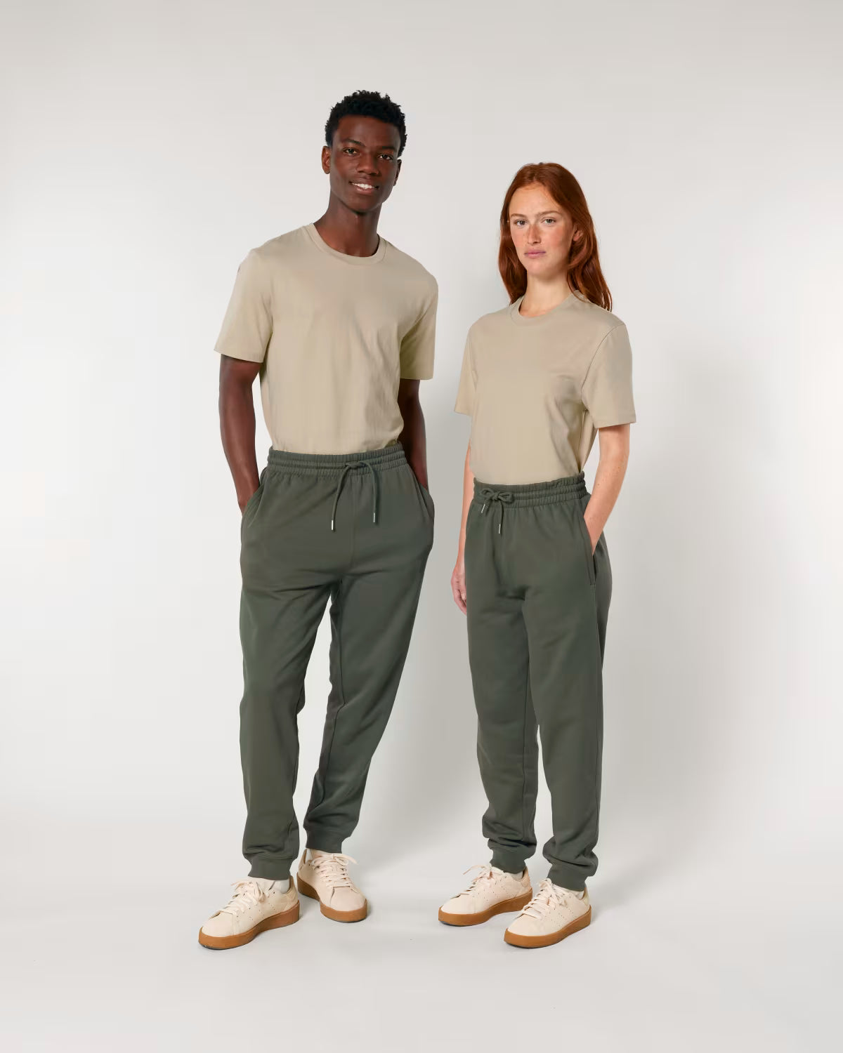unisex  jogger set on male and female models, sustainable branded clothing