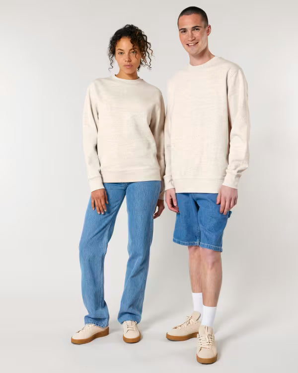 off white unisex crewneck sweatshirt on two models, front view