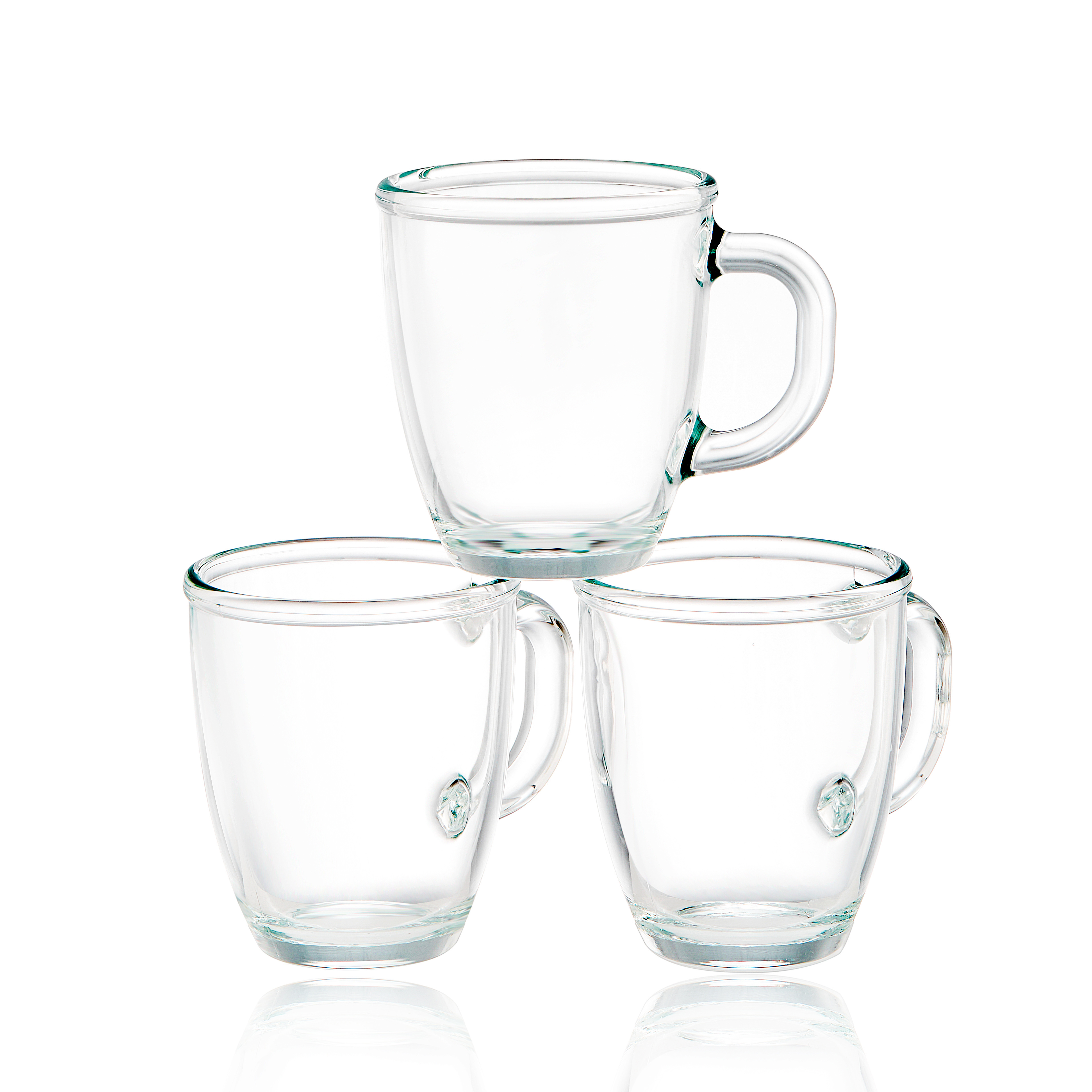 Three clear borosilicate glass mugs 350 ml on white background