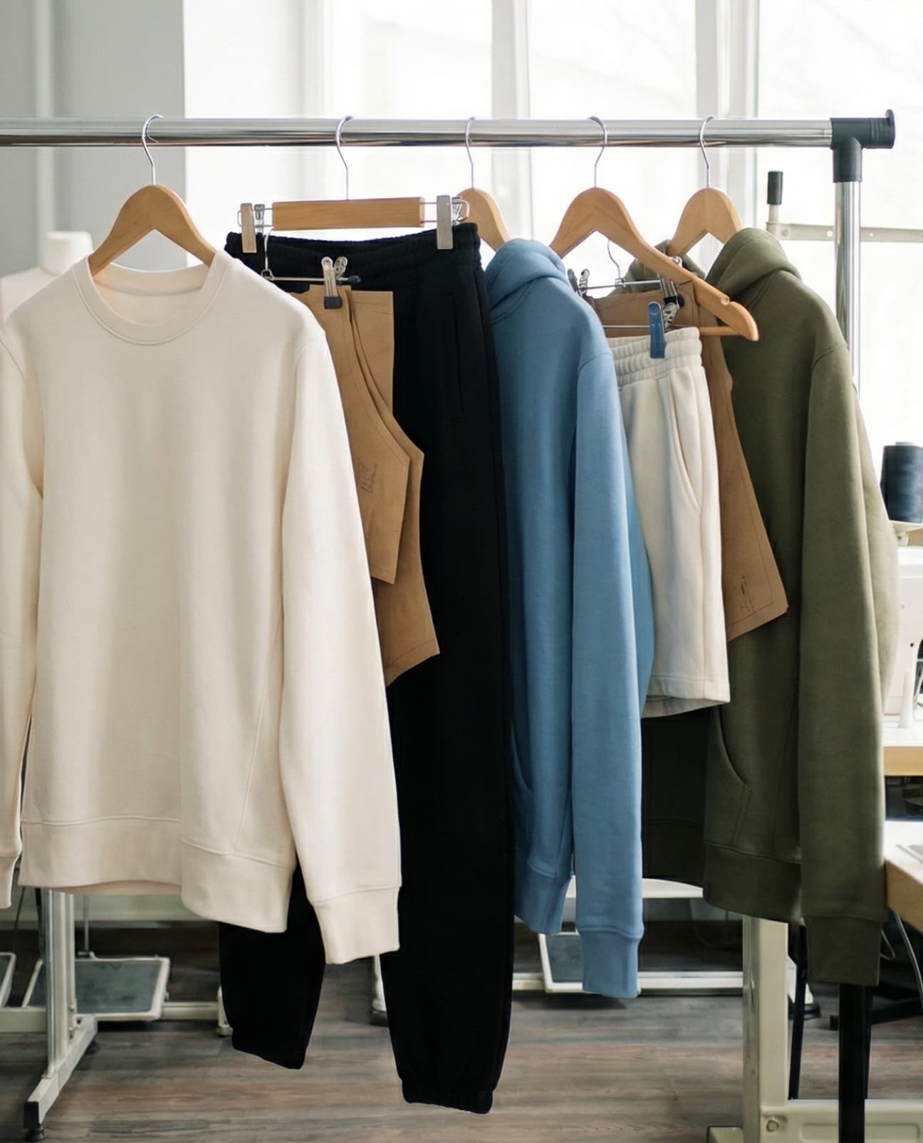 Collection of clothing on hangers ideal for customization against a neutral background