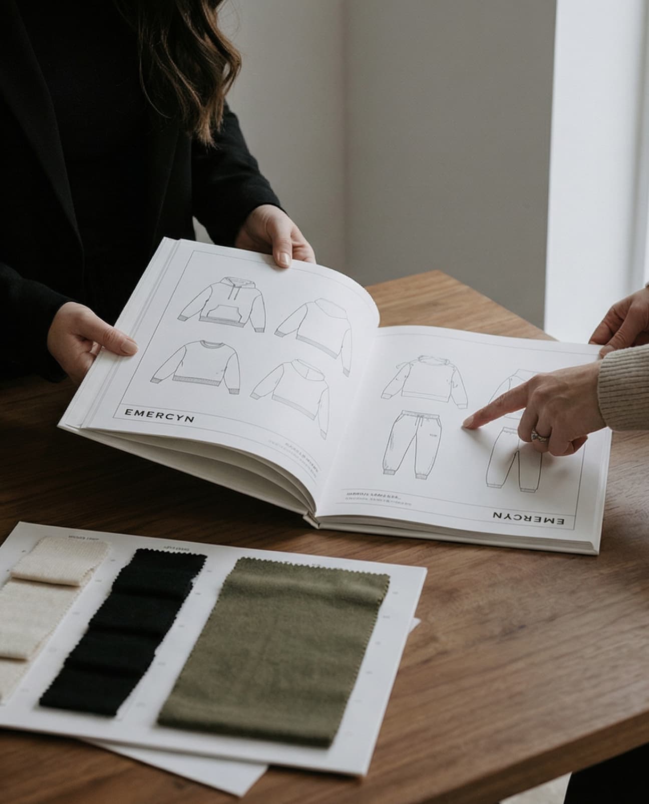 Two people looking at a design book with fabric swatches on a wooden table.