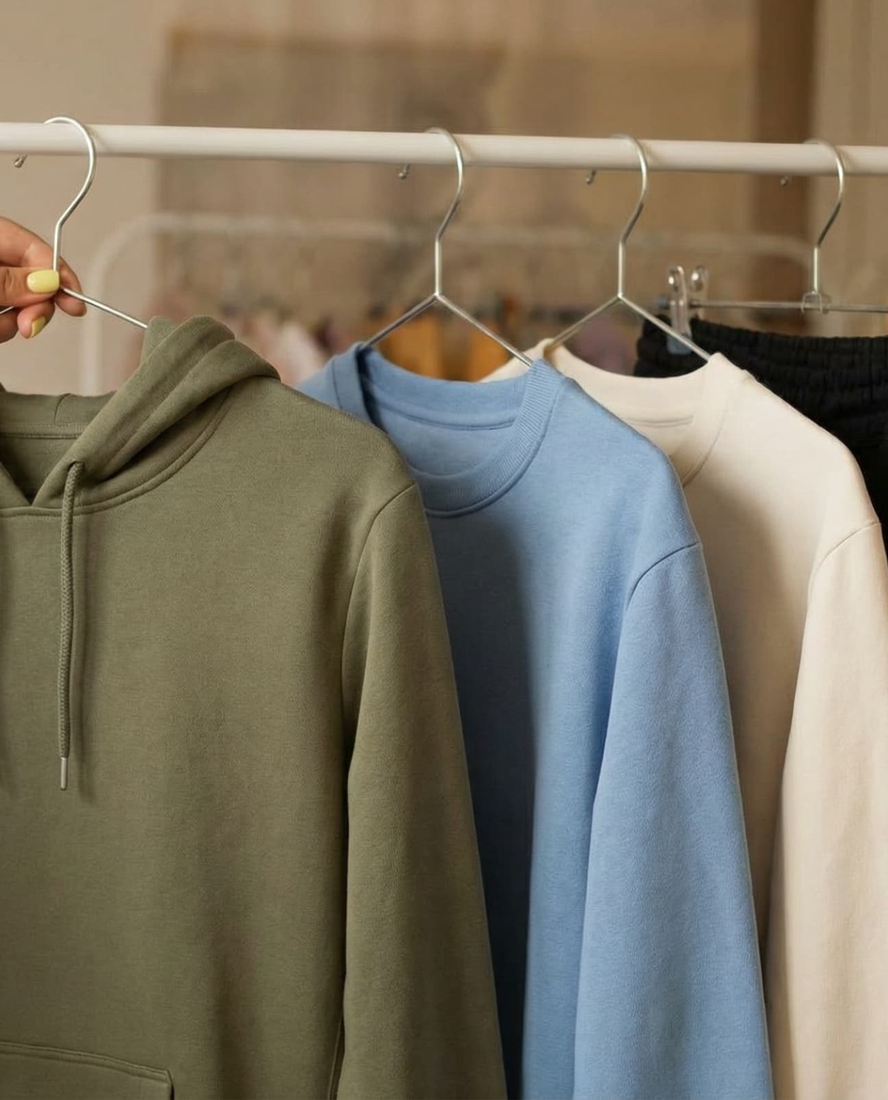 Hoodies in various colors hanging on a rack
