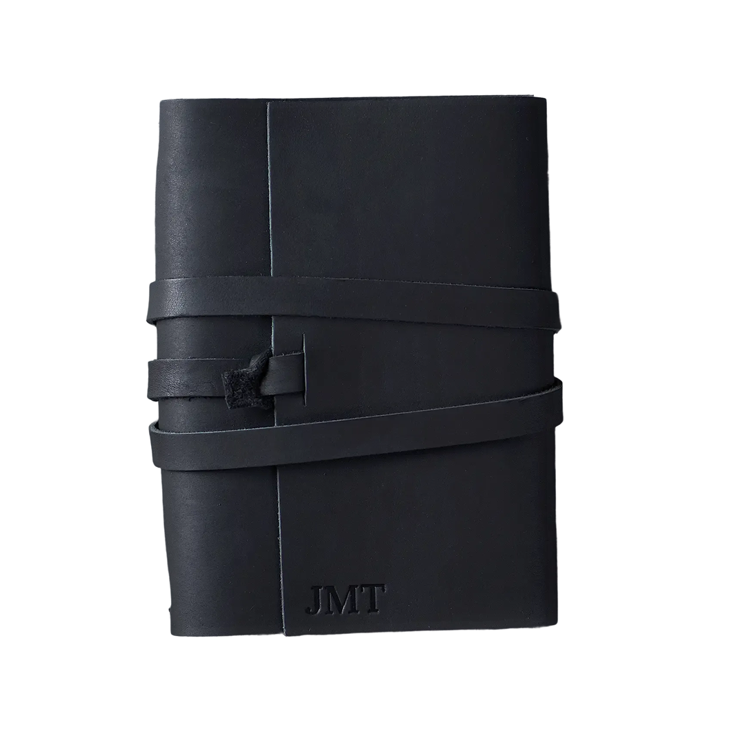 black leather notebook with strap, custom logo embossed corporate gift item