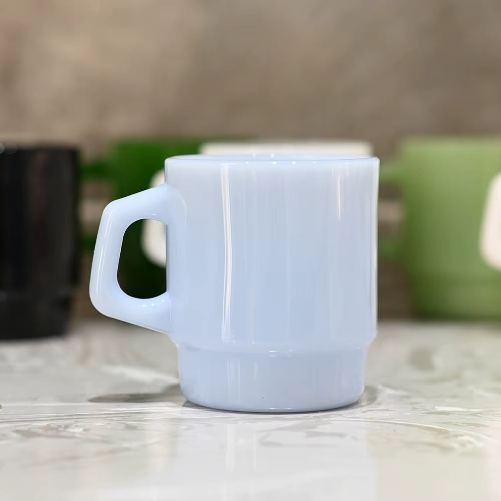 light blue ceramic mug lifestyle photo on wooden tray, custom logo merchandise