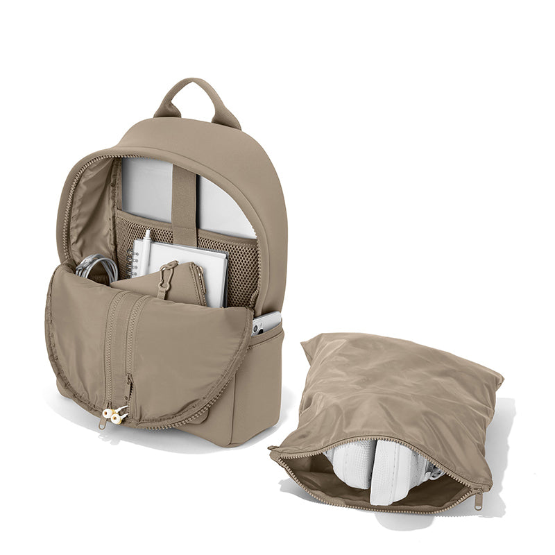 beige backpack with matching pouch set, sustainable branded lifestyle accessories