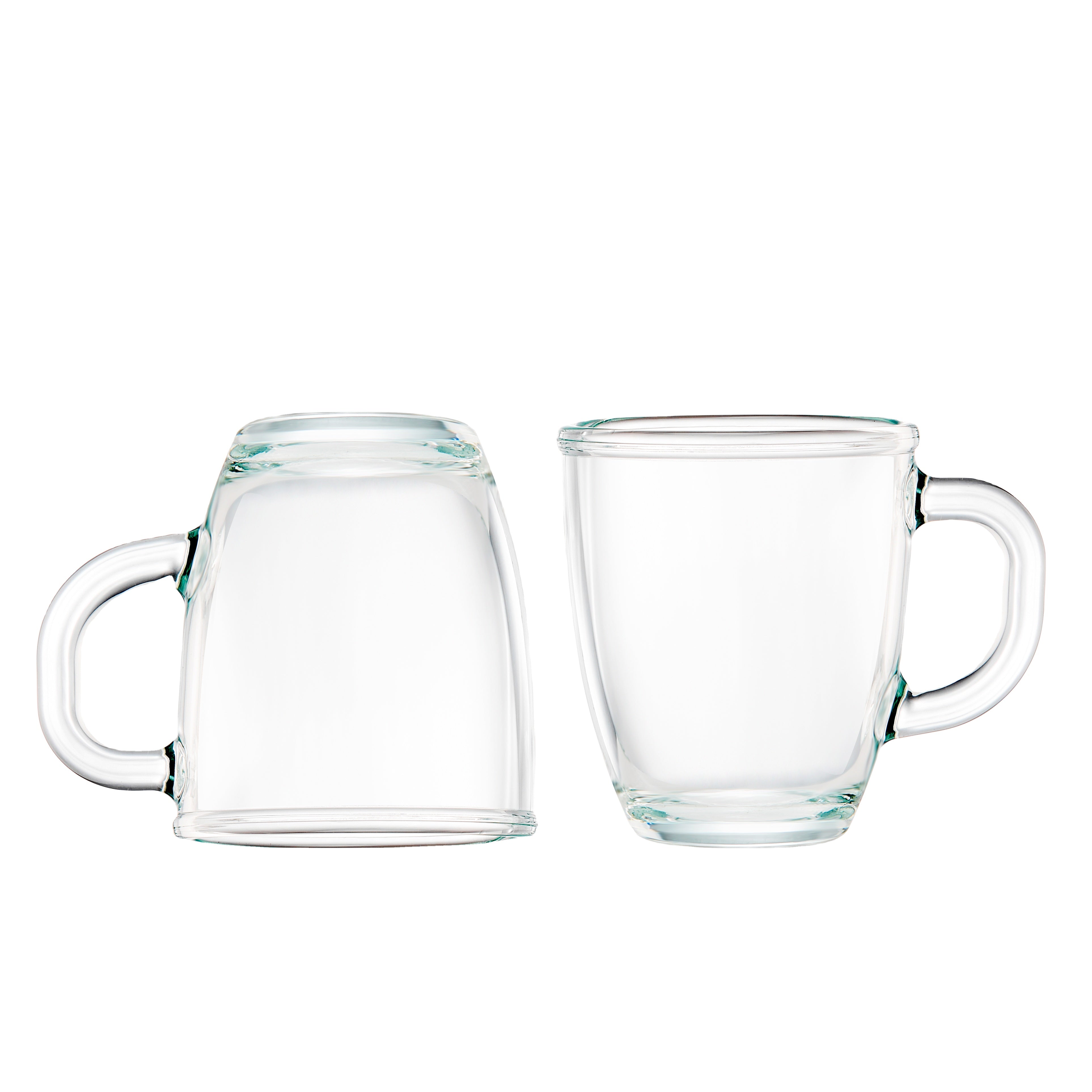 Two clear borosilicate glass mugs 350 ml on white background