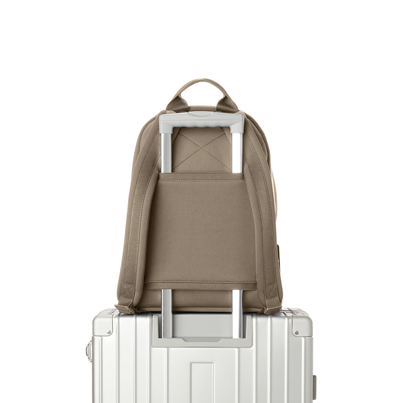 beige minimalist backpack front view, sustainable everyday carry bag