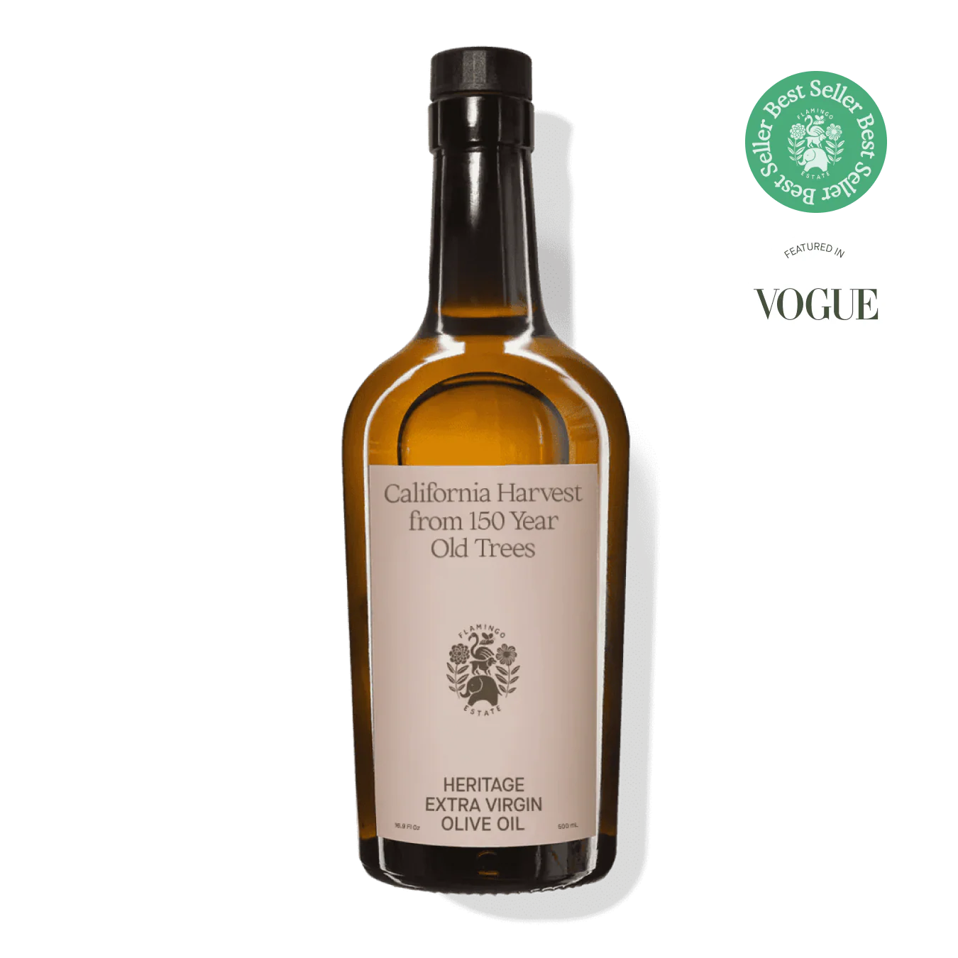 Bottle of California Harvest olive oil with a label on a white background, featuring the Vogue logo.