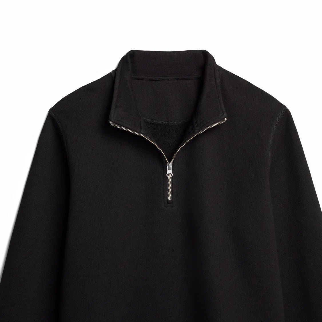The Traveler Pullover black quarter zip detail close-up