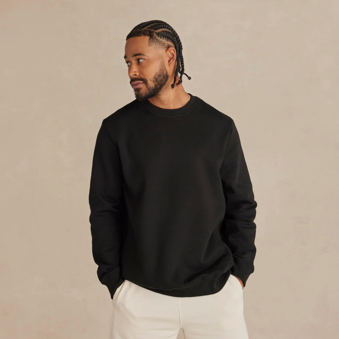EMERCYN Essential Crewneck – slate  Black unisex premium cotton sweatshirt worn by model