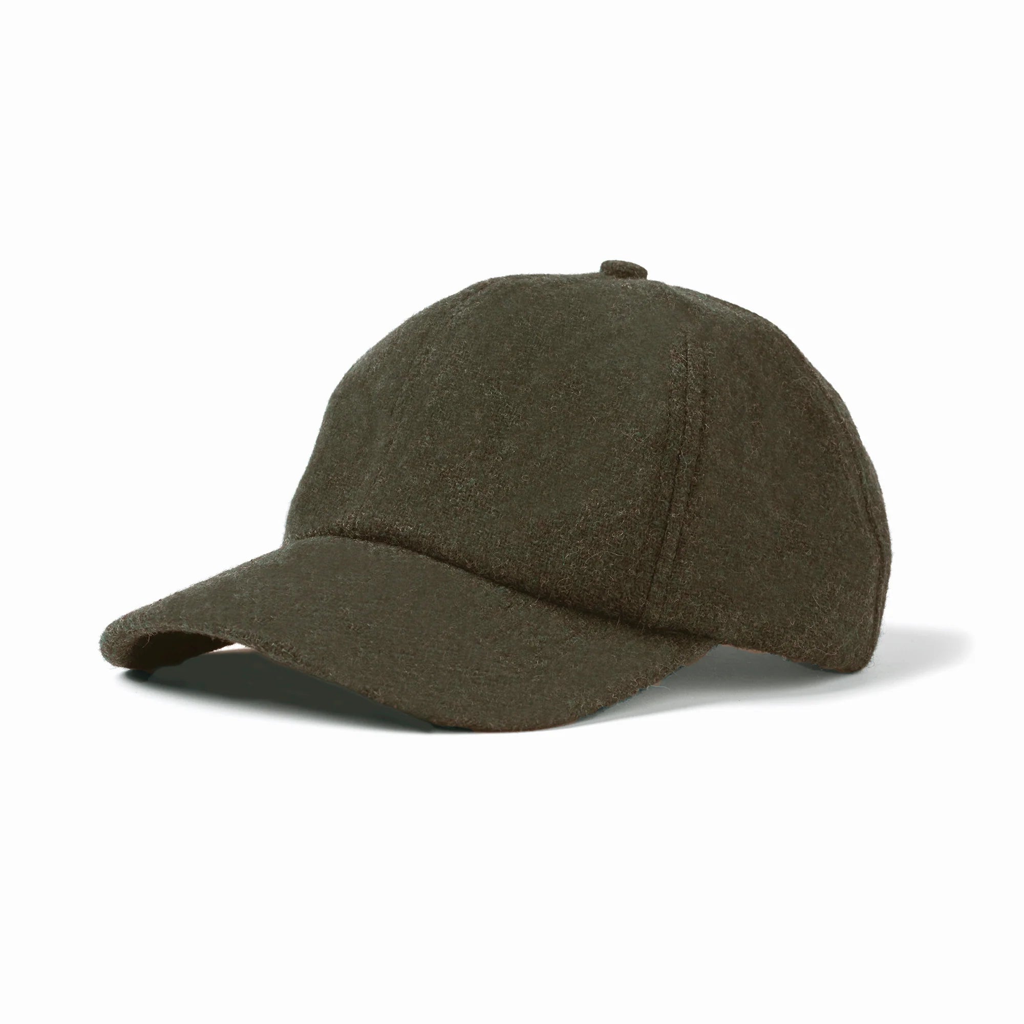 Olive wool 6-panel baseball cap with textured fabric and curved brim, close-up product view on white background