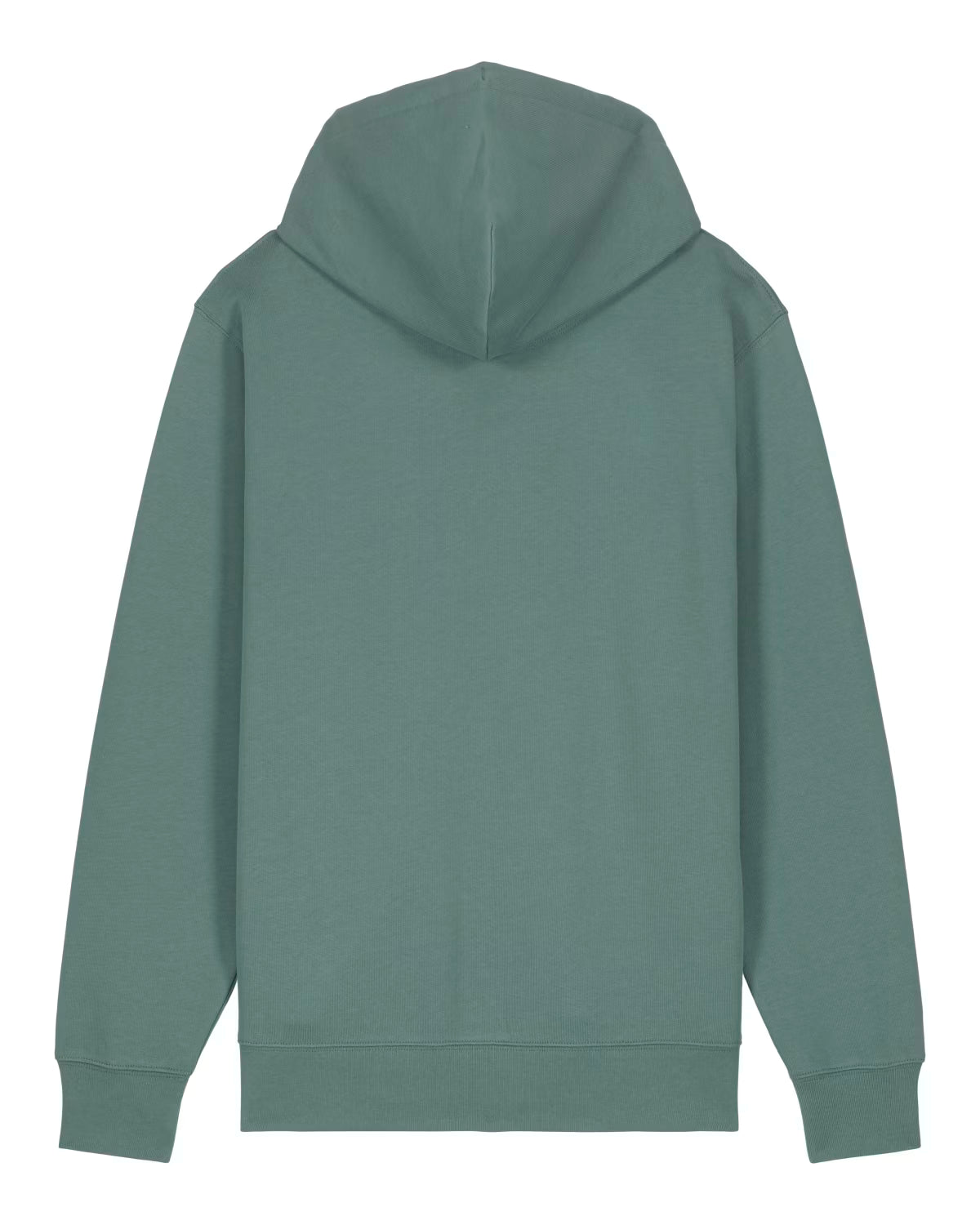 Front view of an green unisex cotton hoodie isolated on whi