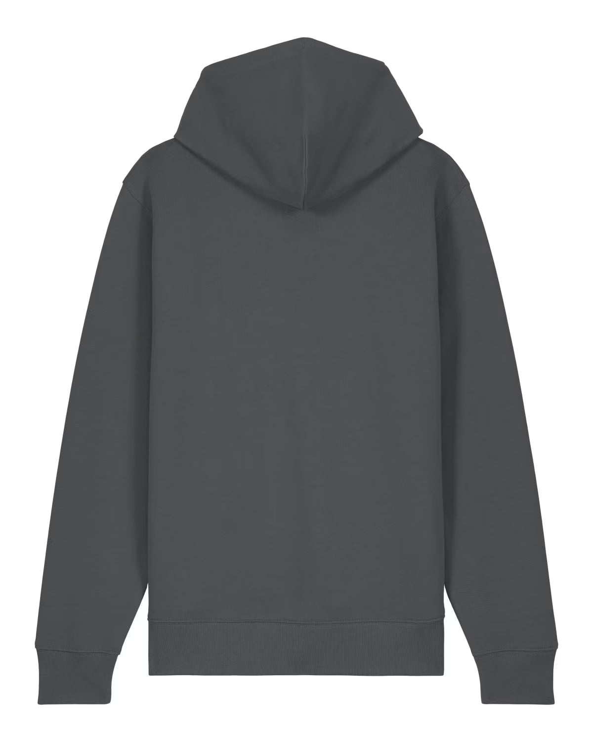 back view of a dark grey unisex cotton hoodie isolated on white background
